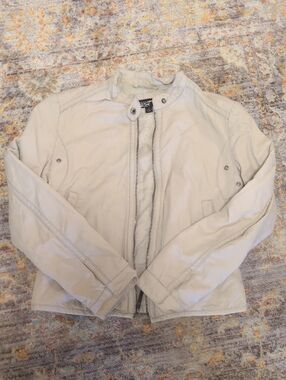 Black Rivet Light Beige Leather Jacket - Minimal Zip Front